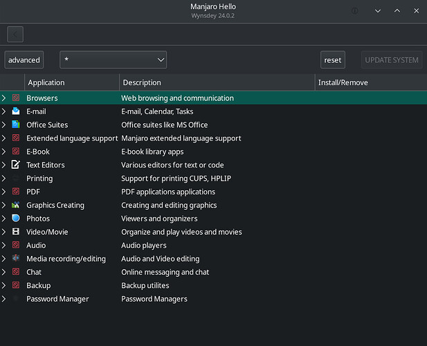 Manjaro Hello->Applications->Most of the stuff in this list