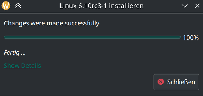 "Kernel successfully installed" dialog