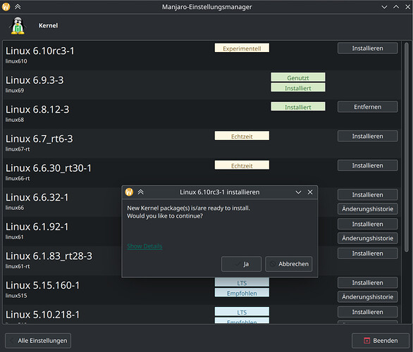 Manjaro-Settings-Manager -> Kernel->Add new Kernel