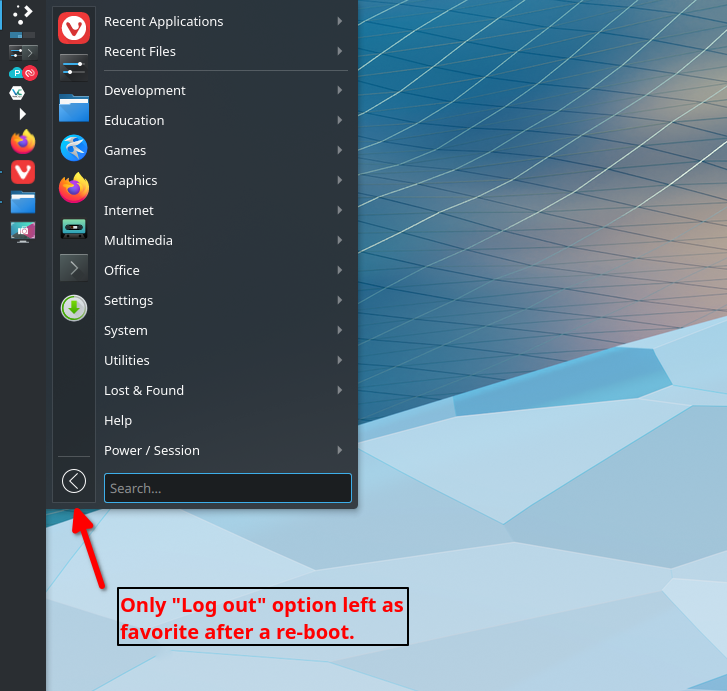KDE Application Menu Does Not Store Power Options After A System